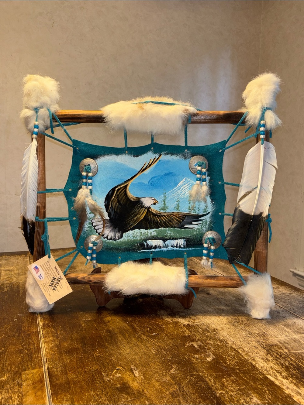 Vintage Southwestern Eagle Wall Hanging Handmade Wood Leather Fur Feathers USA